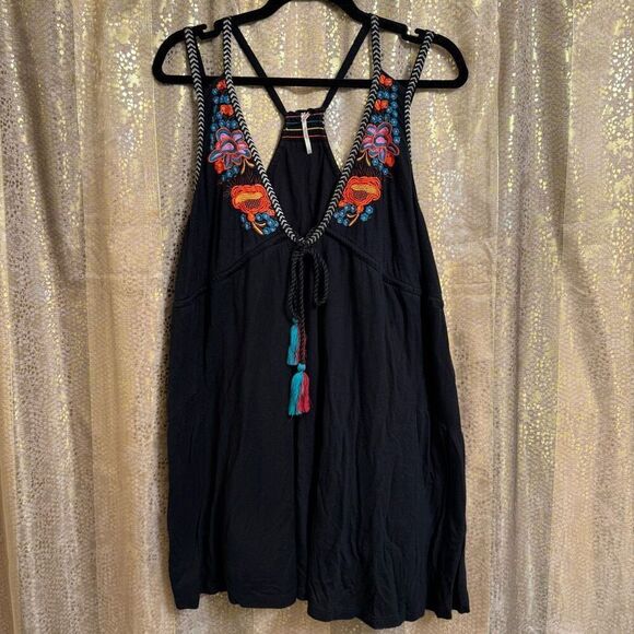 Free People Black Lovers Cove T Back Embroidered Mini Dress Small - Picture 1 of 16